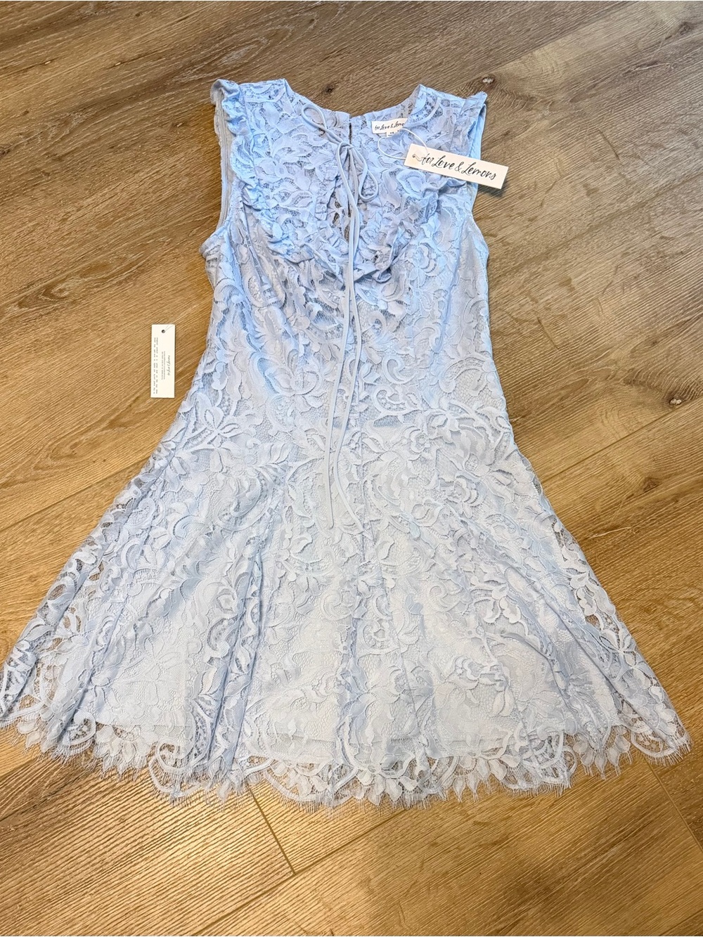 $329 NWT For Love & Lemons Locket Keyhole Mini Dress Powder Blue Lace XS - Picture 9 of 11